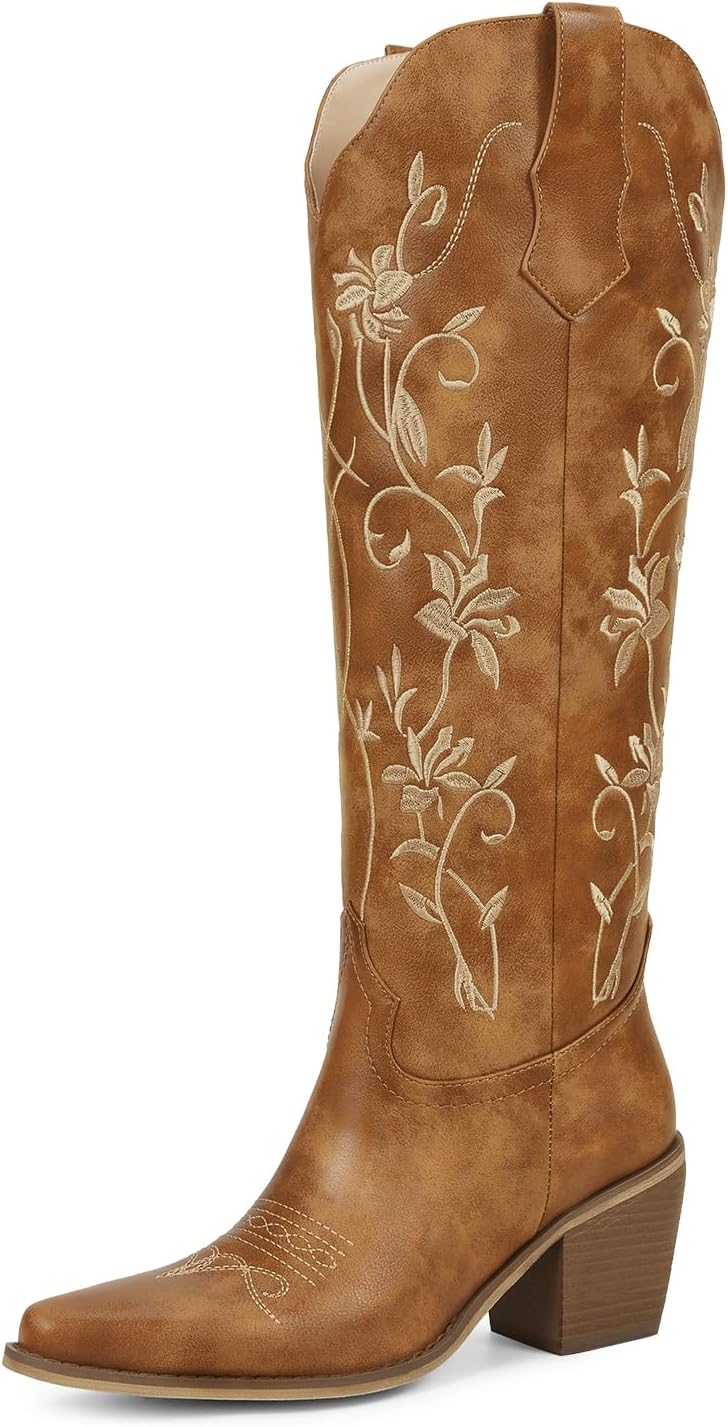 wetkiss Womens Cowboy Boots Knee High Cowgirl Boots with Pointed Toe Chunky Heel Retro Vintage Floral Embroidered Pull on Tall Western Boot