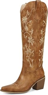 wetkiss Cowboy Boots Womens Knee High Cowgirl Boots Embroidered Pointed Toe