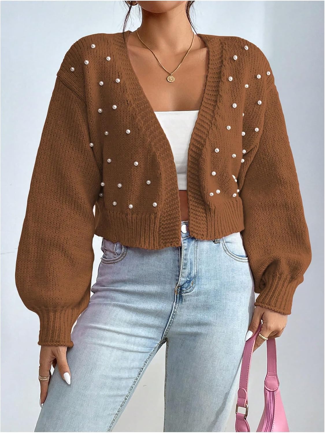 SHENHE Women's Pearl Beaded Open Front Cardigan Oversize V Neck Drop Shoulder Cropped Sweater - Image 6