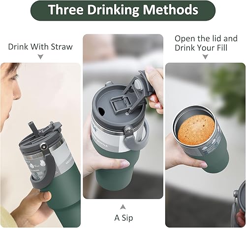 Miniatura 3 de INDARUN Vaso con asa y pajita, vaso de café de acero inoxidable de doble pared aislado al vacío, a prueba de fugas, para café, hielo durante 24