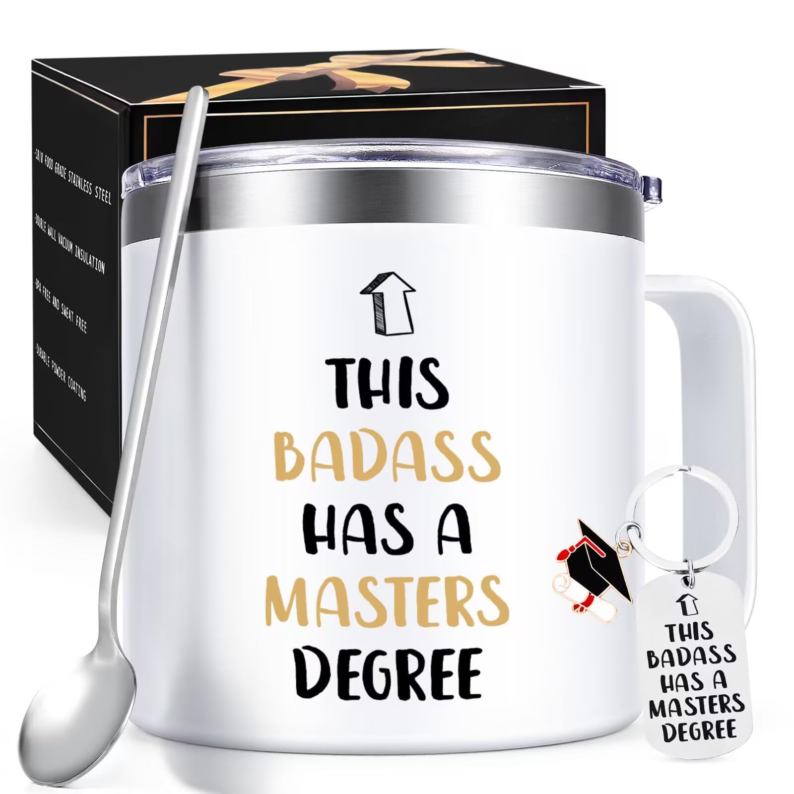 Lifecapido Masters Degree Graduation Gifts, This Badass Has a Masters Degree Stainless Steel Coffee Mug for Masters Graduates School Students Friends Her Him - Birthday Graduation(14oz, White)