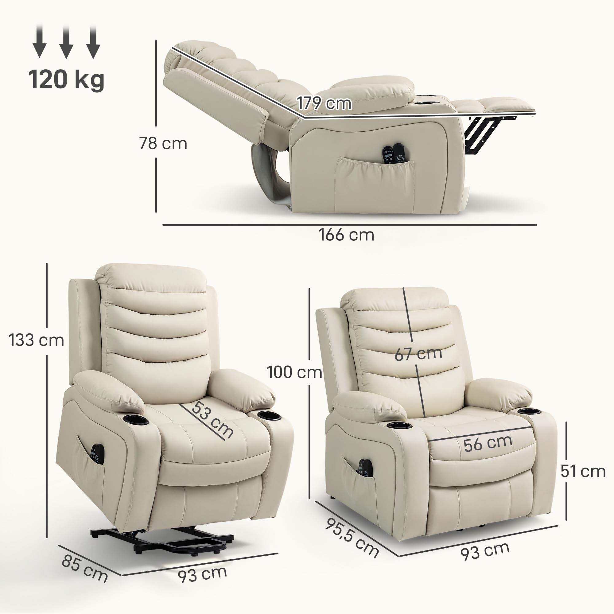 HOMCOM Sillón Relax Reclinable Eléctrico Levanta Personas, con Masaje Vibratorio y Calor, Sillón Elevador, con Puerto USB, Control Remoto, Reposapiés, Tapizado en PU, Bolsillos, Portavasos, Crema
