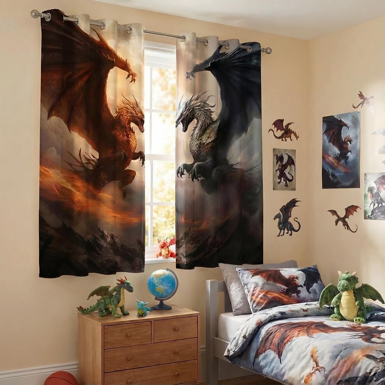 Dragon Blackout Curtains for Girls Boy Home Decor, Fantasy Medieval Magical Animal Grommet Thermal Insulated Drapes Darkening Window Curtain for Bedroom Living Room, 42 x 45 Inch