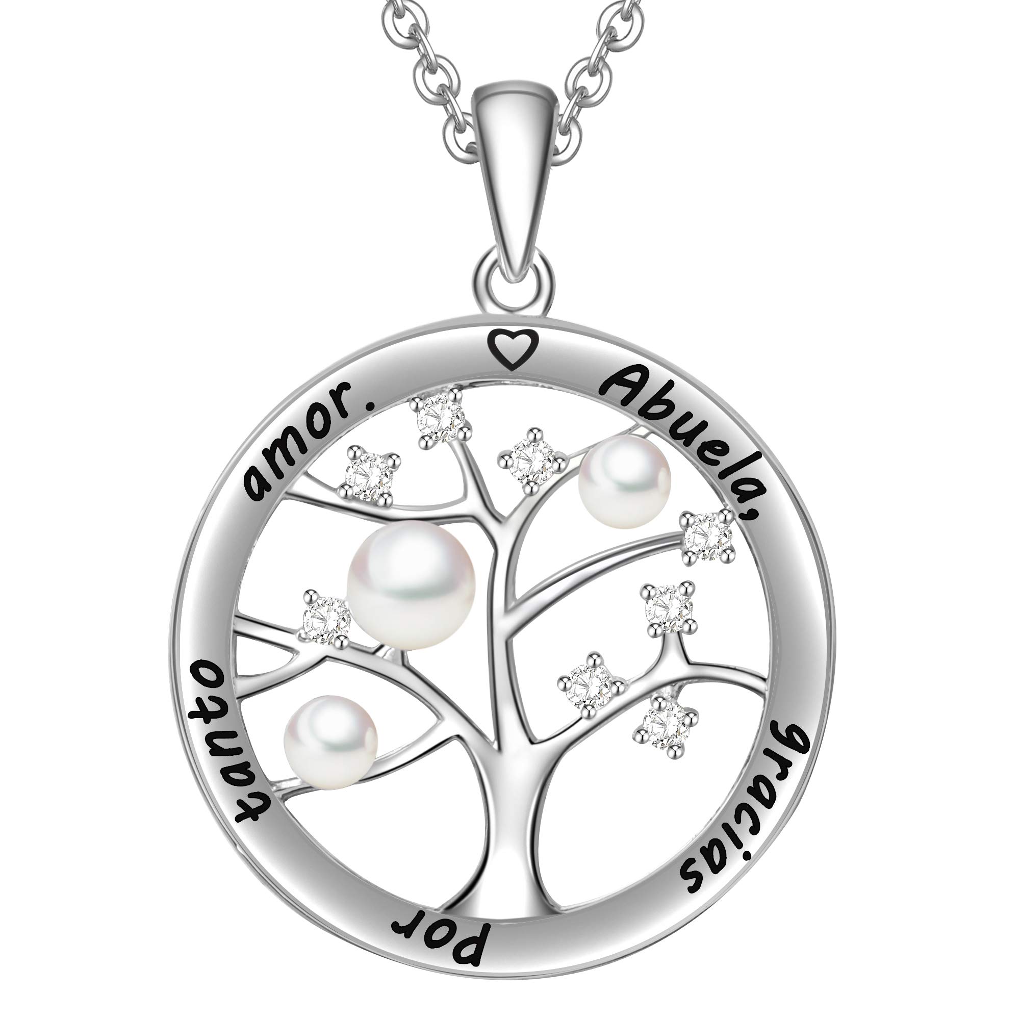 LOVORDS Collar Mujer Grabado Plata de Ley 925 Colgante Árbol de la Vida Familiar Perla Cultivada Blanca de Agua Dulce 3-4mm Regalo Madre Mamá Esposa Novia Abuela Hija