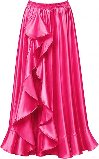 MUNAFIE Satin Belly Dance Skirt for Women, Ruffle Split-Side Maxi