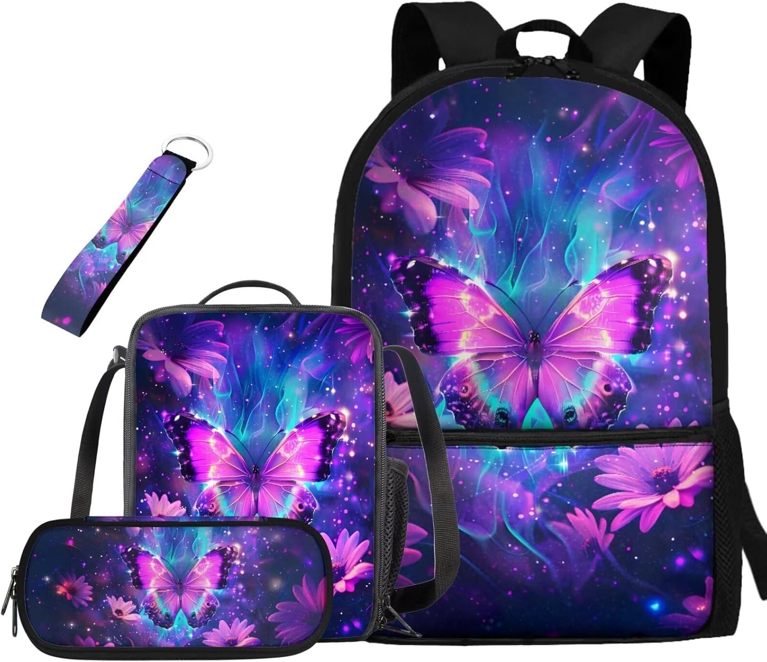Dreamy Butterfly School Backpack for Girls 8-10, Boys Backpack with Shoulder Strap 4pcs Kids Backpacks for Boys Elementary Middle School Bag Bookbag Outdoor Travel Back Pack