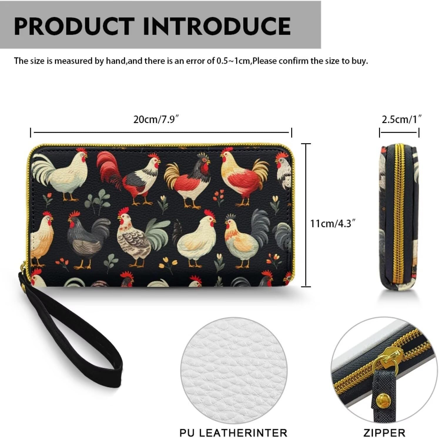 Chickens Print Leather Long Zipper Pouch Wallet for Women, Farm Rooster Pattern Phone Holder Clutch Travel Purse Wristlet, Black
