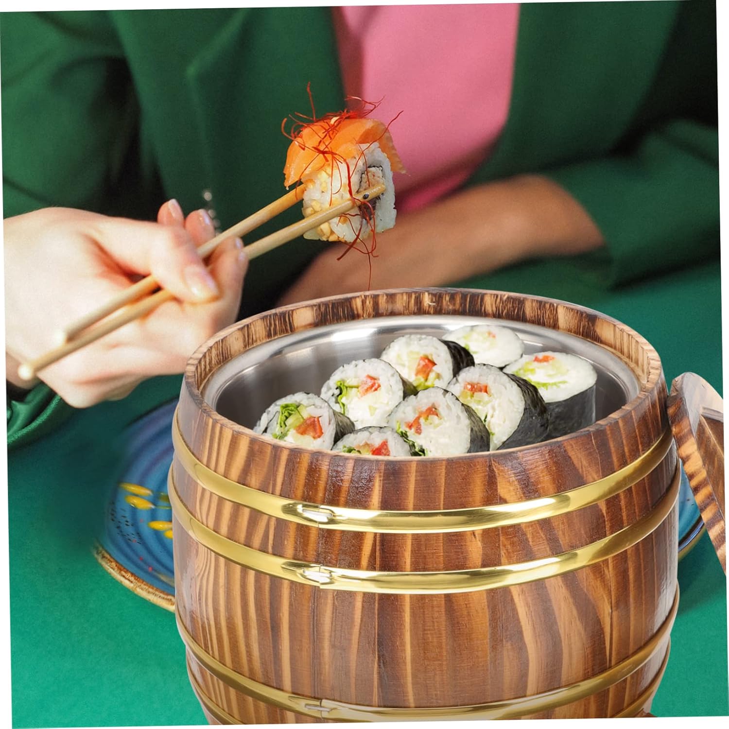Wooden Rice Steamer Bucket Lid Round Rice Storage Container Household Kitchen Accessory for Steaming and Storage Stainless Steel Inner Liner for Home Cooking