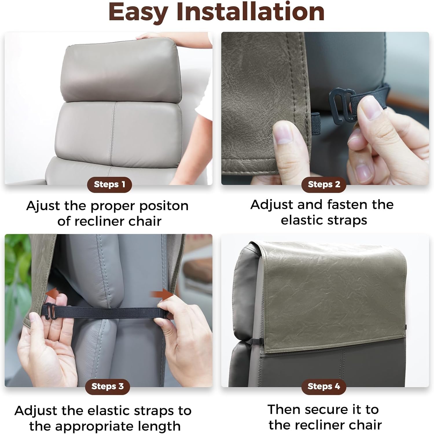 Headrest Cover for Recliner Chair Recliner Headrest Protector Faux Leather Headrest Cover with Elastic Straps Couch Headrest Covers for Furniture Sofa Protector Office Chair 17 x 27In(Taupe)