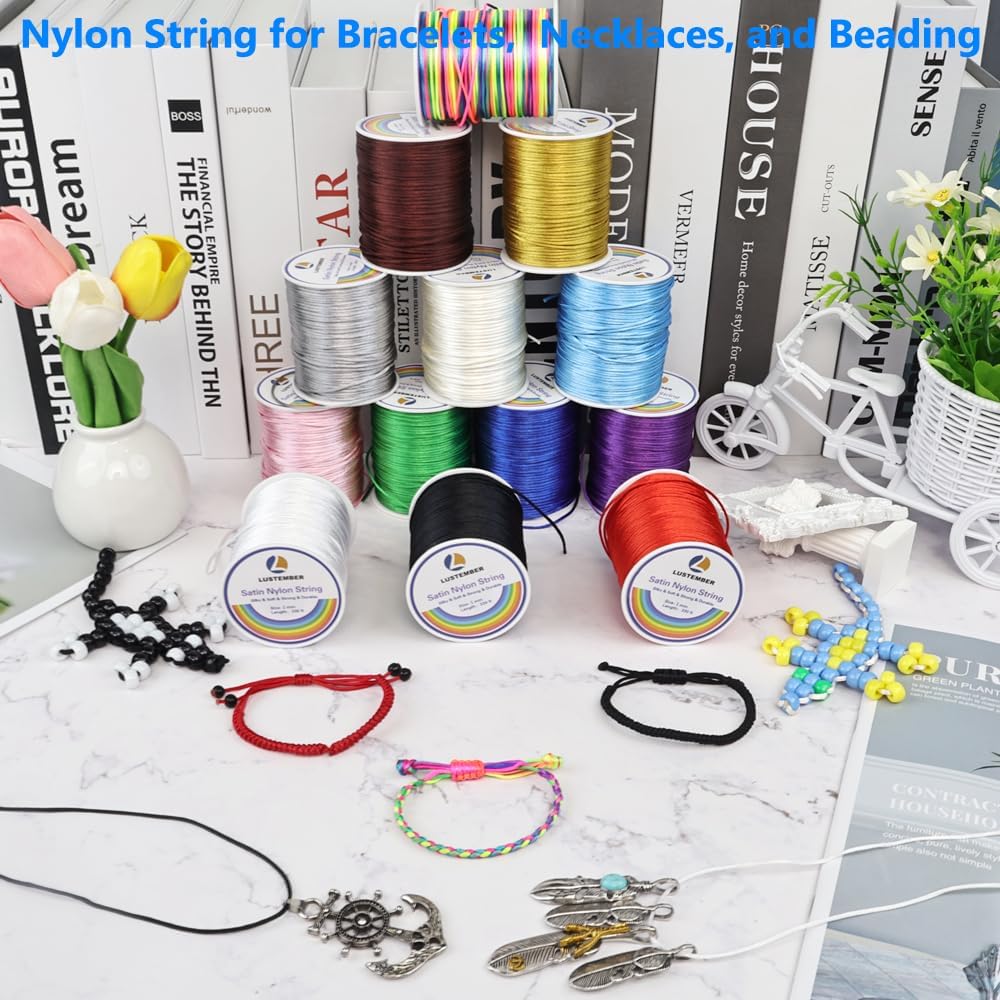LUSTEMBER 330 Feet Satin Nylon String, 1 mm Silky Smooth Durable Nylon Cord for Jewelry Making, Bracelets, Beading, Necklaces, Macrame, Kumihimo, Rattail, and Chinese Knot Craft