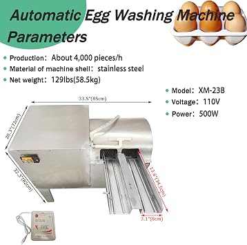 Automatic Egg Washing Machine with 4000 Eggs/Hour Capacity 500W | Stainless Steel Body, Nylon Brushes, Fits Chicken/Duck Eggs, for Farms & Home Use, 110V/Single-Phase 220V