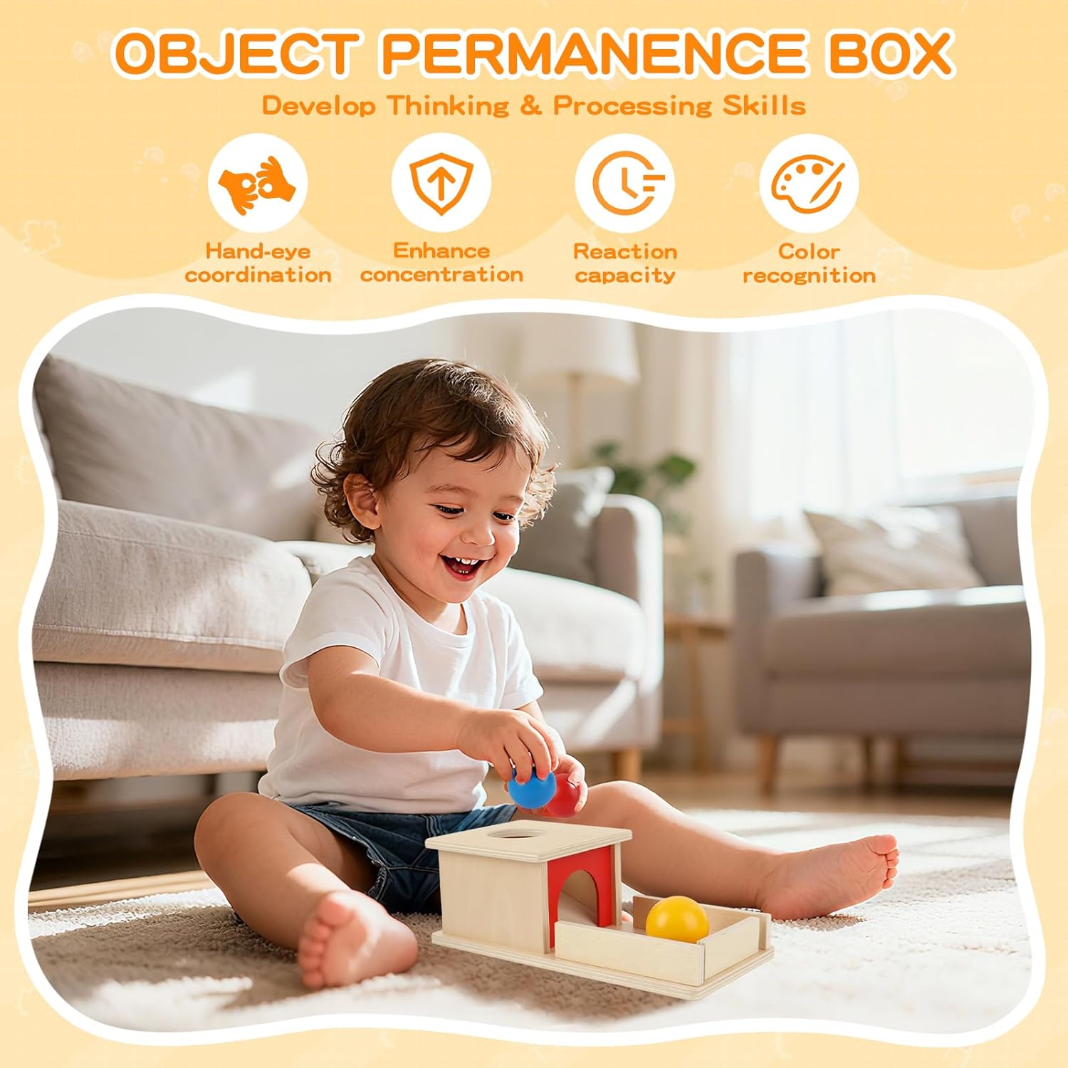Montessori Toys for Babies 6-12 Months, 7 in 1 Wooden Educational Development Toys Sensory Learning Gift for Toddlers with Object Permanence Box, Emotion Learning Mirror, Tissue Box,Rainmaker and More - Image 5