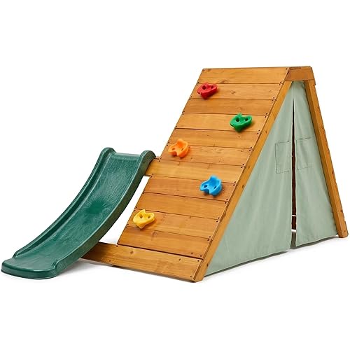 Avenlur Palm 5-in-1 Wooden Outdoor Playground for Toddlers – Montessori Climbing Playset with Ladder, Rock Wall, 4-ft Slide & Tent Fort – Indoor/Outdoor Backyard Play Structure for Kids Ages 2-6