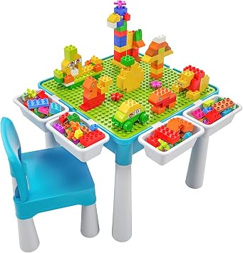 burgkidz Kids Building Block Table & Chairs Set with 128pcs Toddler Blocks 2-in-1 Play Table & 2 Chairs, STEM Learning Toys for Toddlers Ages 2+, Compatible with Major Building Bricks