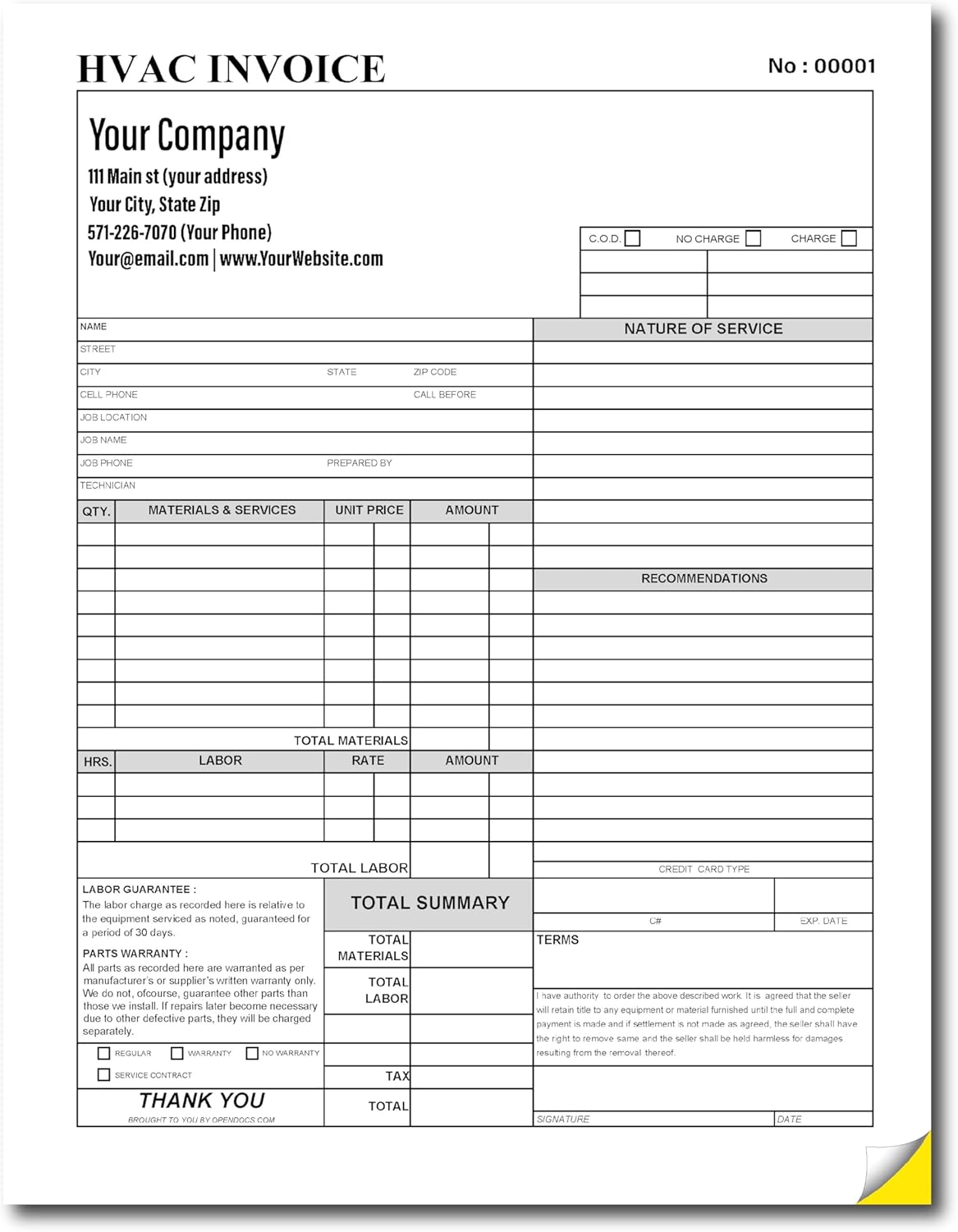HVAC Work Order Invoice Custom Printed with Your Company Information – Heating & Airconditioning AC Service Repair Agreement – 2 Part NCR Form