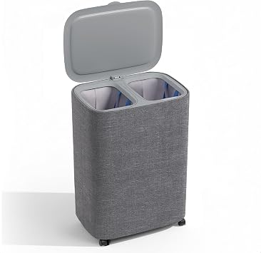 XABITAT Dual Section 90L Laundry Basket with Wheels and Lid Tall divided Double Laundry Hamper with 2 Removable Washable Bags, Large Laundry Sorter for Easy Clothes Separation