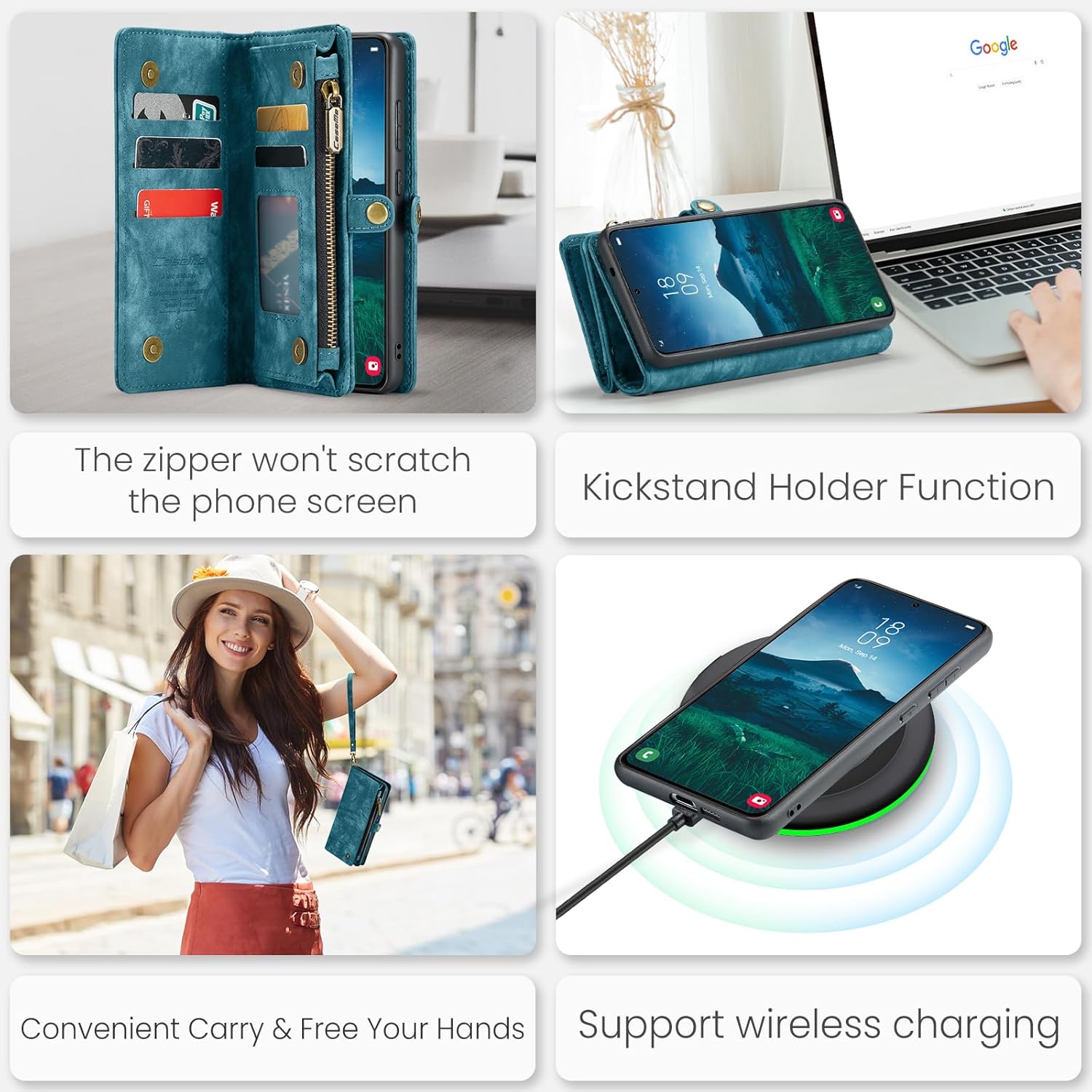 Kowauri Wallet Case for Samsung Galaxy S25, Zipper Purse Folio Leather Wallet with Card Holder Wrist Strap Detachable Magnetic Shockproof Protective Back Case for Samsung Galaxy S25 (Blue) - Image 3