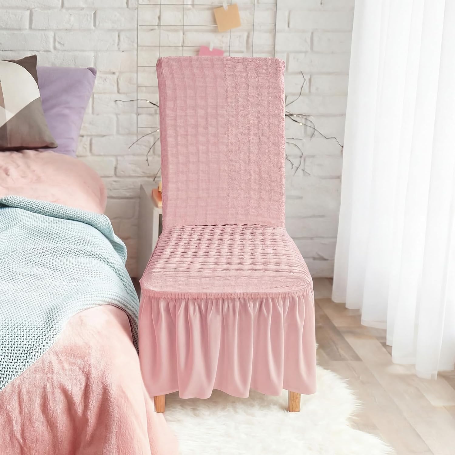 Moukeren 1 Pcs Pink Dorm Room Stretch Slipcovers Chair Cover with Skirt Super Fit Chair Seat Protector Cover for Dorm, Dining Room, Hotel, Ceremony