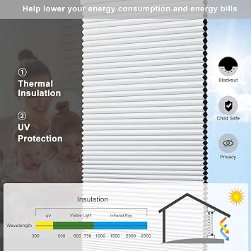 Changshade Cordless Cellular Shades, Blackout Room Darkening Black Out Honeycomb Blinds for Indoor Windows Bedroom, Pull Down Pleated Accordion Blind Easy Install, Shade Size 34 Wx72 H, White