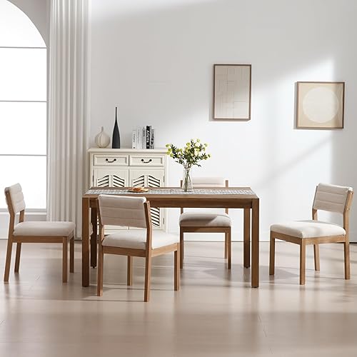 Miniatura 3 de Juego de 4 sillas de comedor de lino, cómodas sillas de cocina tapizadas con patas de madera, silla de cocina moderna de mediados de siglo, silla