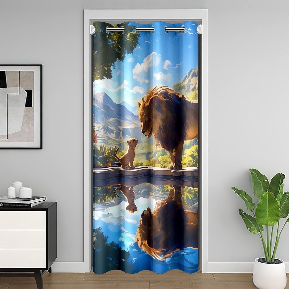 Lovely Lion Family Door Curtain Tropical Natural Landscape Blackout Curtain for Girls Boys Kids Wildlife Animal Doorway Curtain Western Rustic Farmhouse Privacy Door Drape 1 Panel 52" W X 80" L
