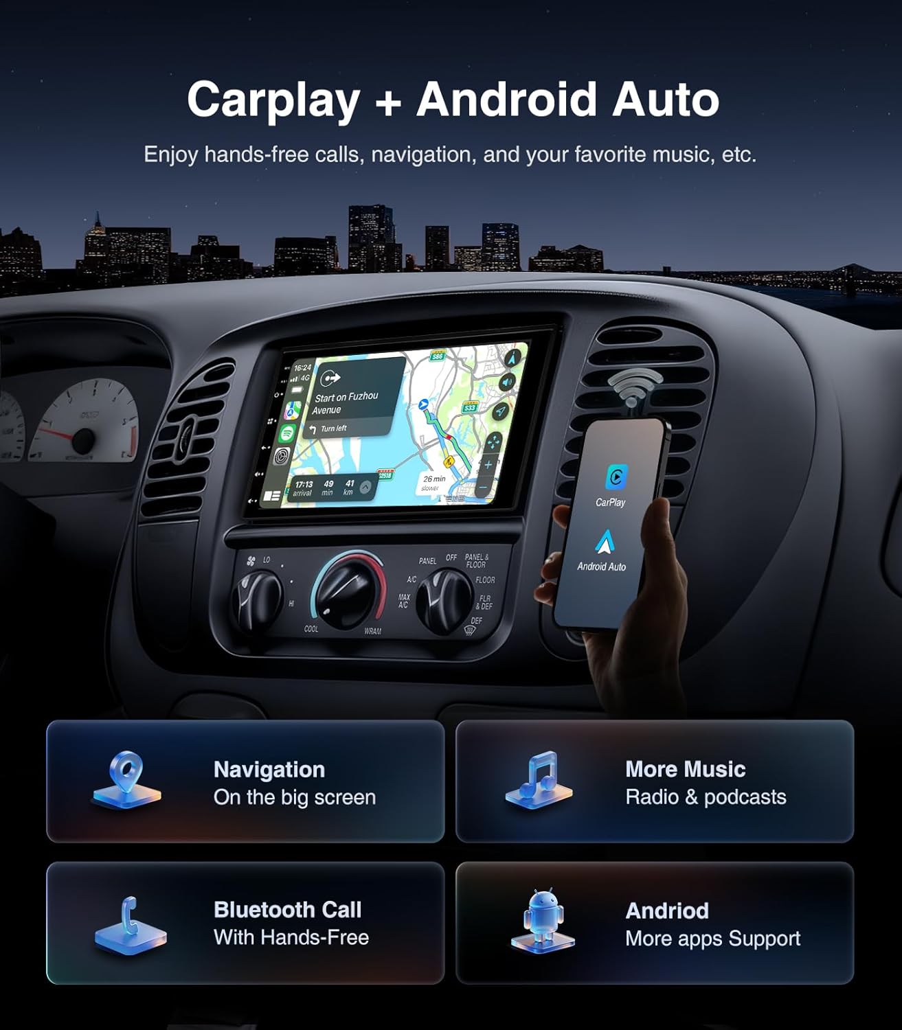 AINAVI 7" 2+32G Android Double Din Car Radio Stereo CarPlay/Android Auto, 48B EQ&DSP, 4.1-Channel, Outputs 240W, SWC/Bluetooth/AM/FM (with Backup Camera)