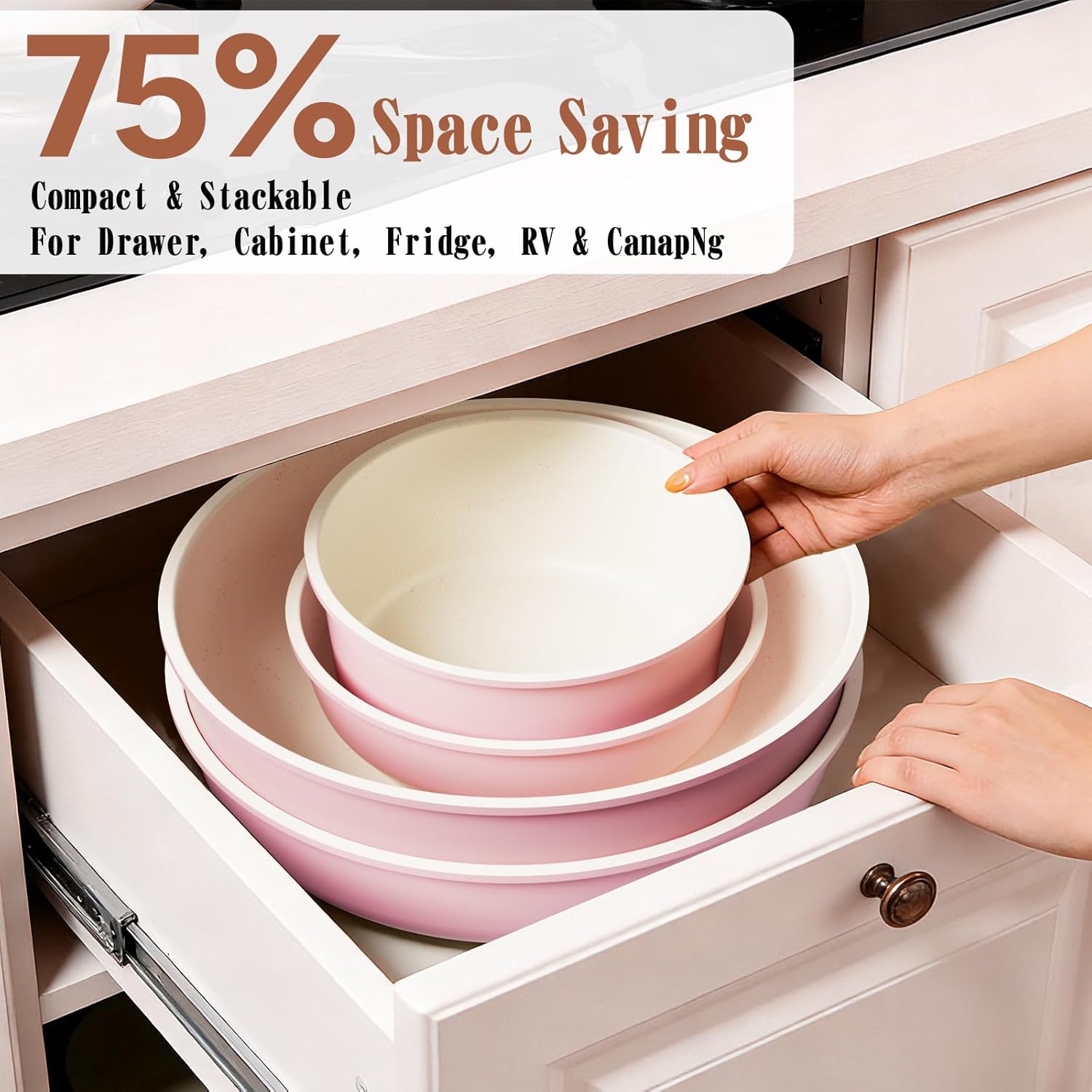 Umite Chef Pots and Pans Set Non Stick, 21 pcs Nonstick Ceramic Cookware Set, RV Kitchen Cooking Set with Detachable Handles, Oven Safe, Induction Cookware, Stackable, Pink, PFAS PFOA & PTFE Free