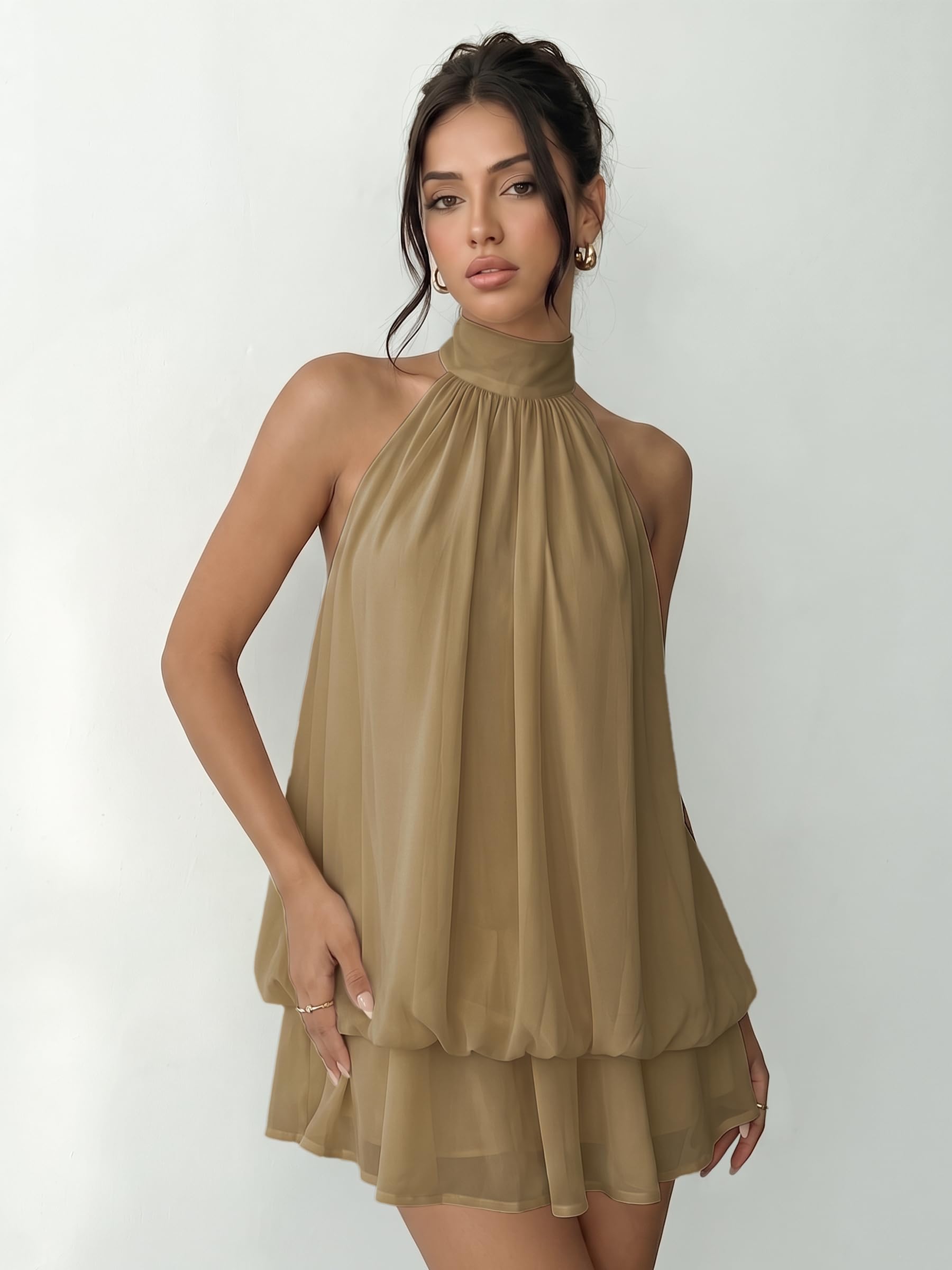 Robe Femme Chic et Elegant Été Robes Courte Ample Col Halter sans Manches Sexy Mini Robe Dos Nu à Nouer Casual Robes en Mousseline Volants Fluide Dresses pour Soirée Clubbing Plage Vacances