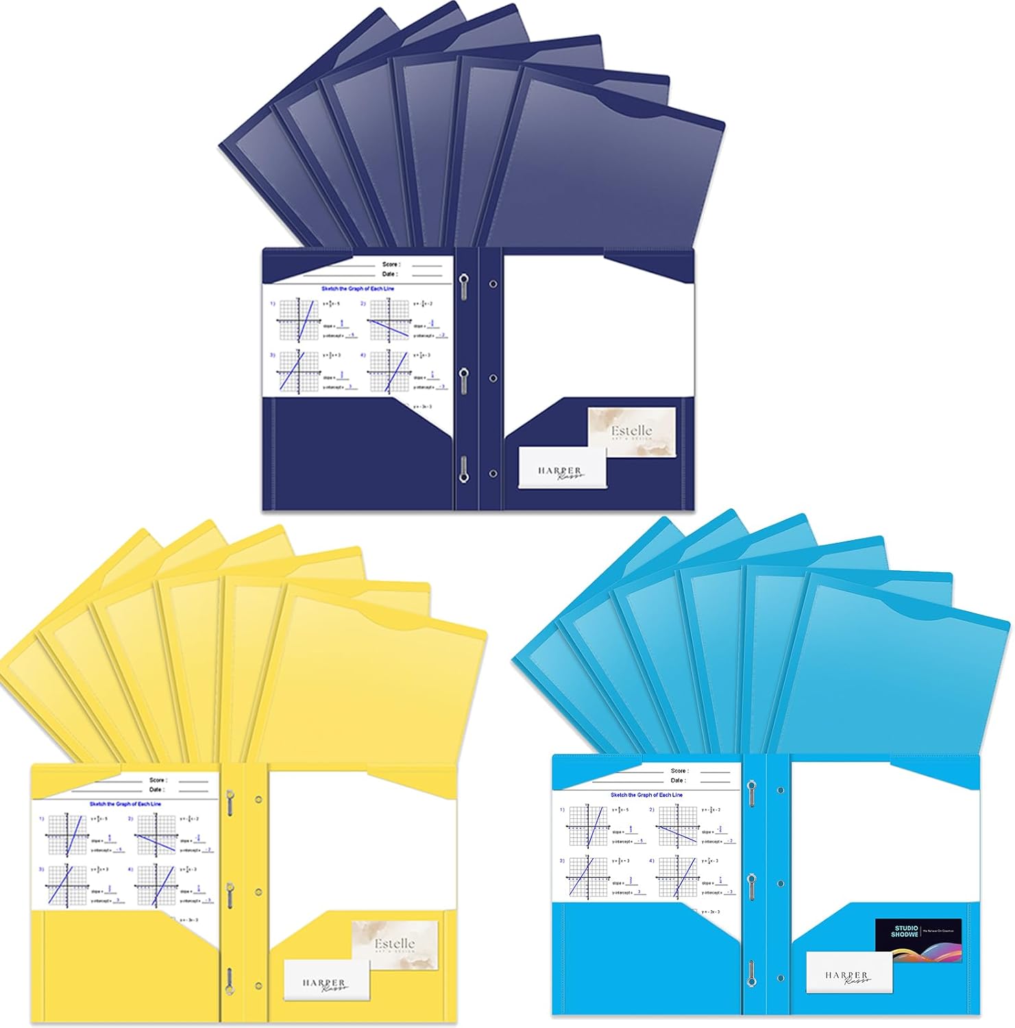 Briartw 18-Pack Heavy Duty Plastic Pocket Folders with Prongs, Navy,Blue & Yellow Set for Letter Size, 2-Pocket Brad Folders with Clear Front Cover
