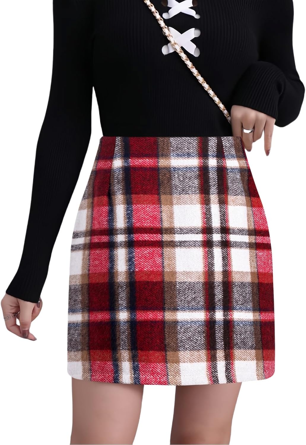 Women Mini Skirt Plaid Wool Skirt Spring High Waist Bodycon Pencil Short Skirts Tartan Skirt - Image 2