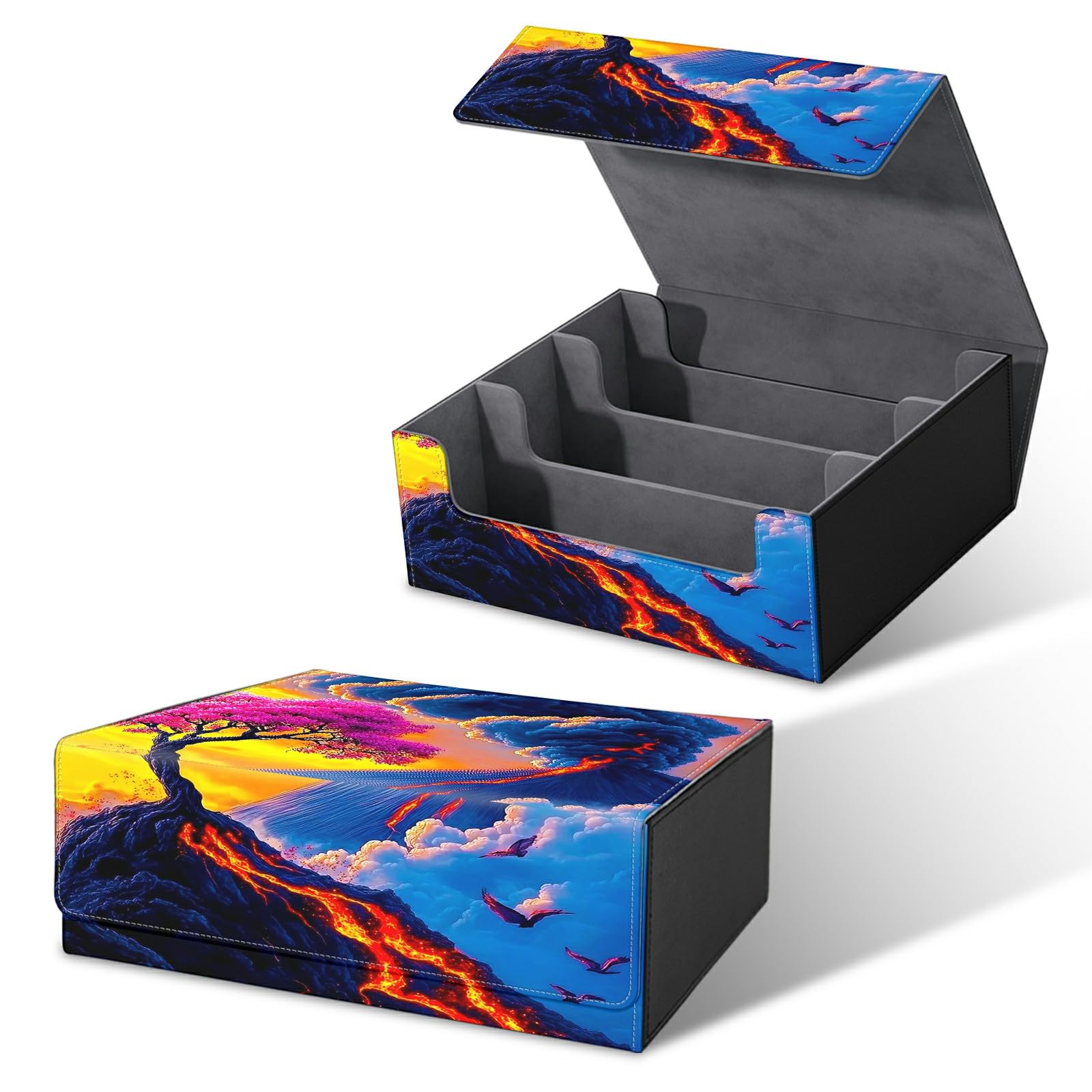 RWUTYTIUL Card Deck Box for MTG, Cards Storage Box Fits 120+ Sleeved, Leather Big Size Strong Magnetic Closing Case for Board Games Magic TCG CCG Baseball Collection Women, Volcanic Cherry Blossoms