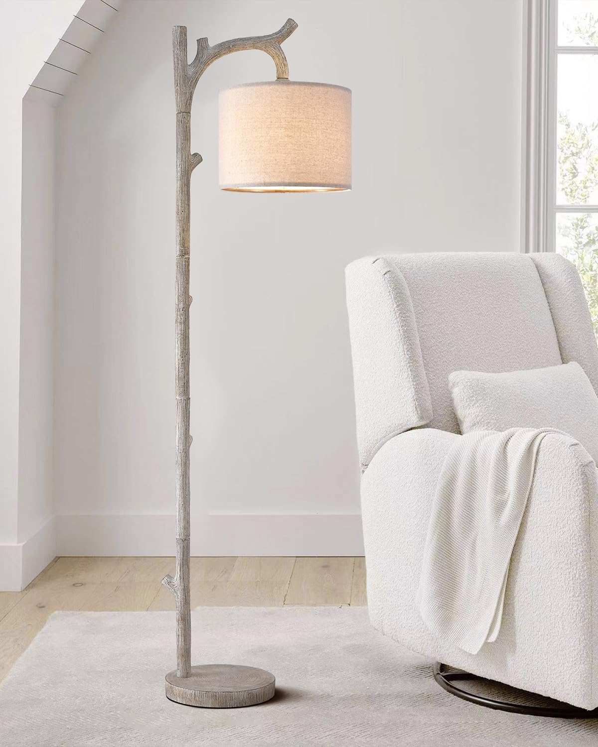 OYEARS 23" Resin Table Lamps & Rustic Farmhouse Tree Trunk Floor Lamp for Living Room Set of 2 Country Cottage Farmhouse Lamp for Bedroom Tree Trunk Wood Grain with Oatmeal Fabric Round Shade