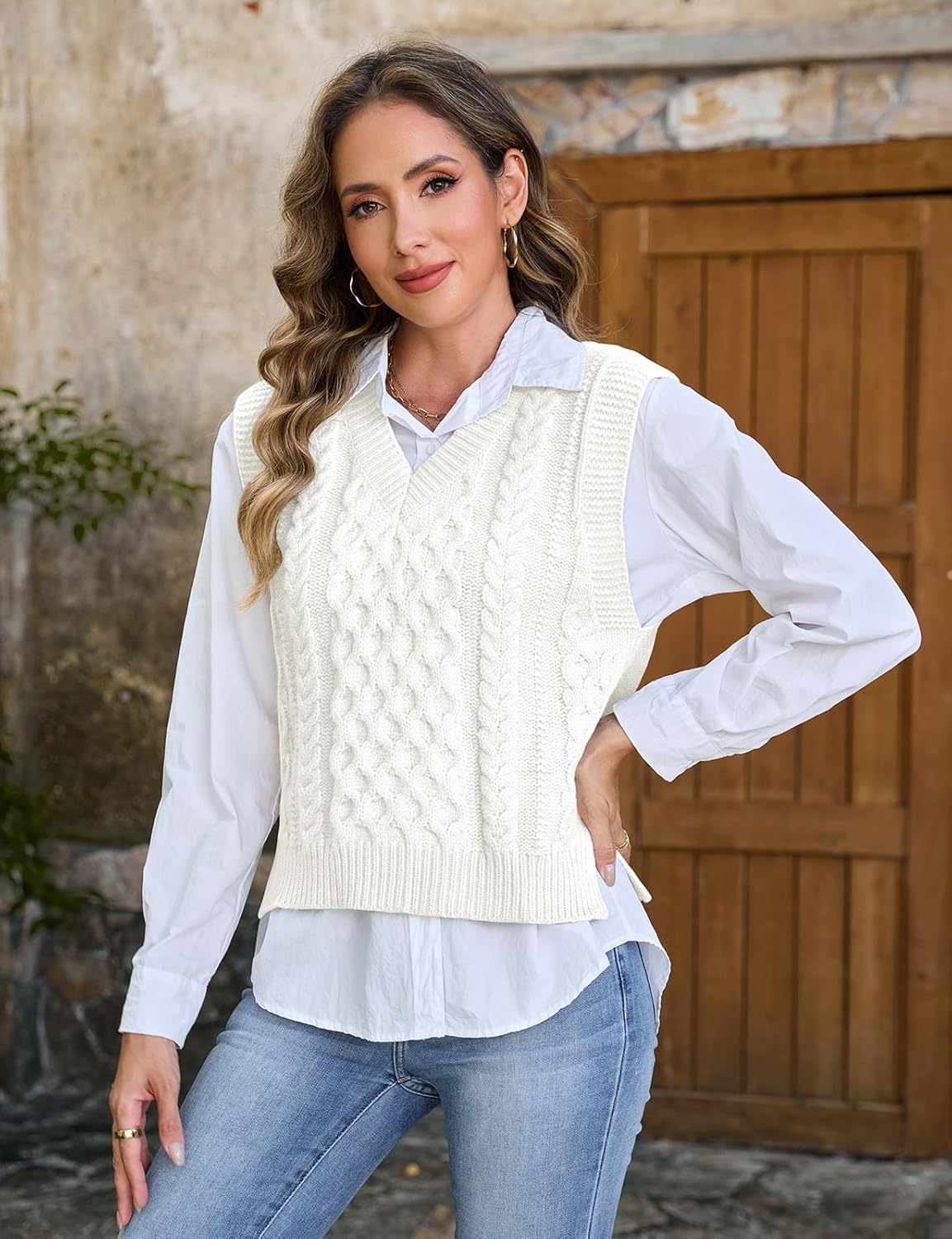 Tanst Sky Womens Sweater Vest V Neck Sleeveless Solid Casual Cable Knit Pullover Tops - Image 4