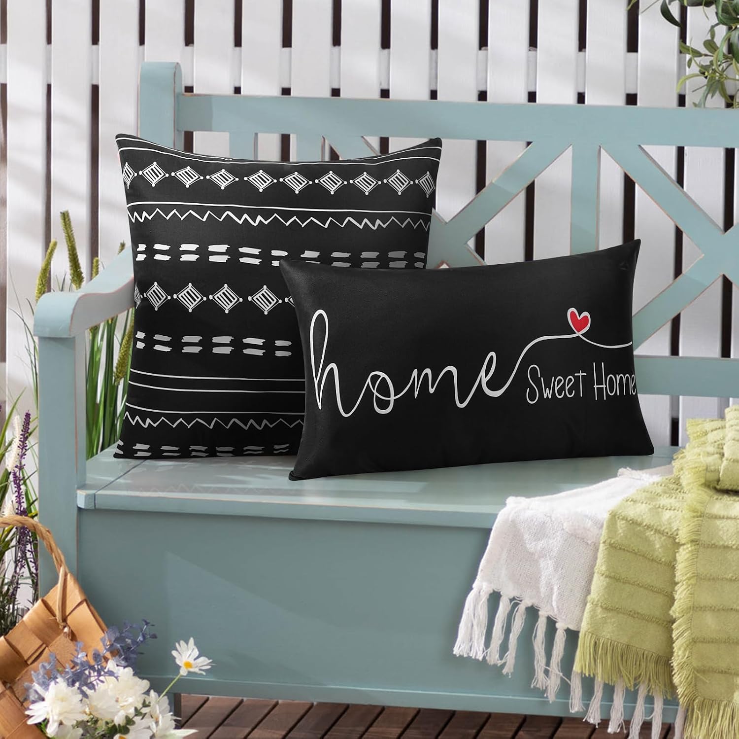 Outdoor Waterproof Pillow Covers 18x18 Set of 2 Black Geometric Design | Waterproof Fabric Designed for Patio Furniture, Porch, Balcony and Garden Decor
