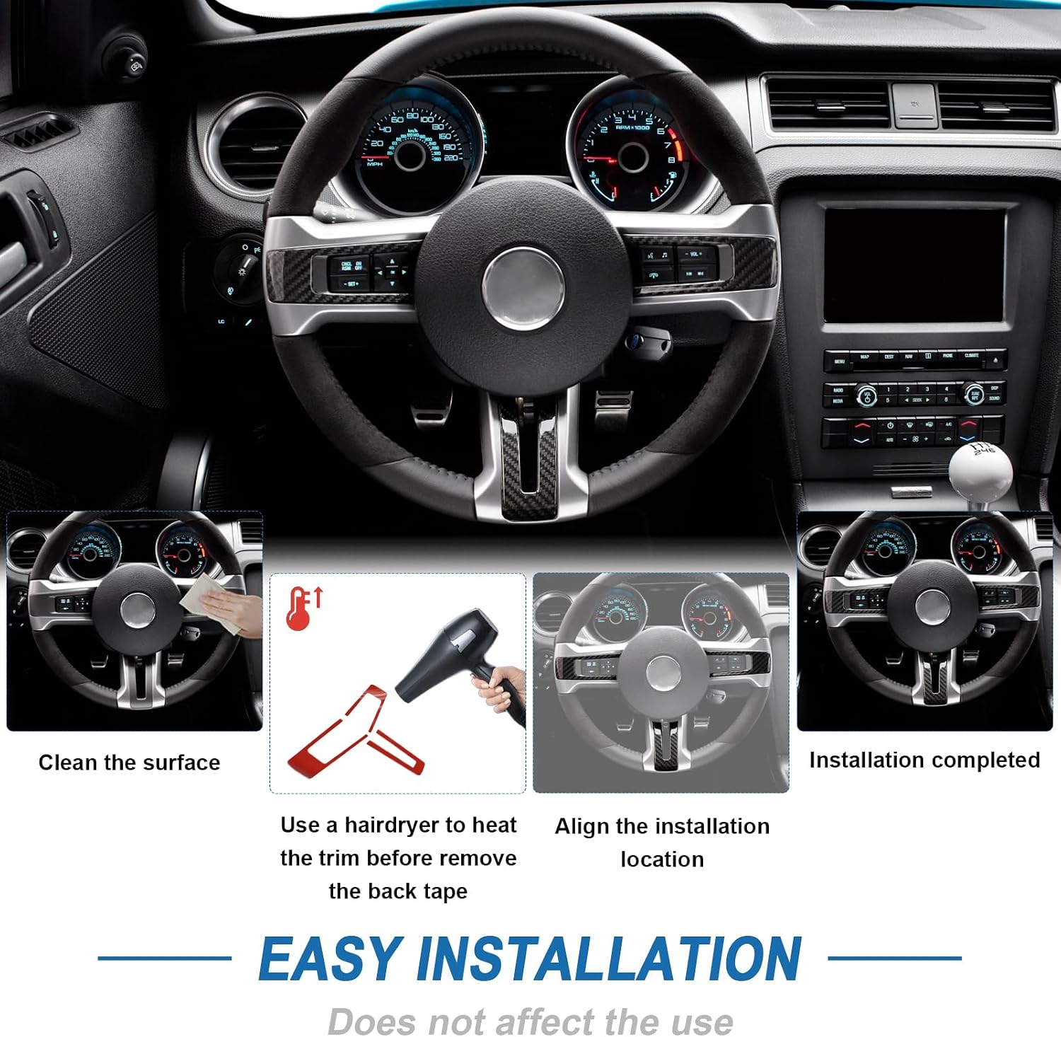 Real Carbon Fiber Steering Wheel Cover Compatible with 2010-2014 5th Gen Ford Mustang, Interior Decal Sticker Accessories