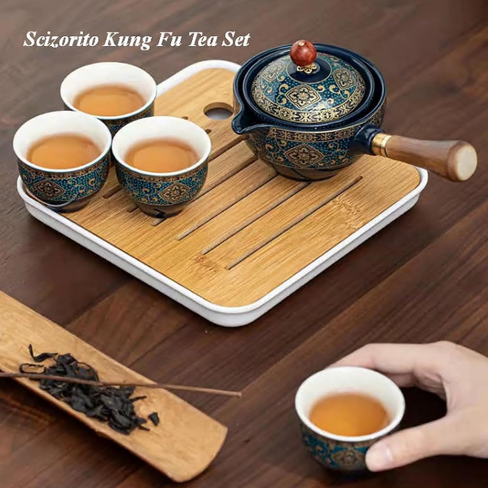 Juego de té de viaje portátil de cerámica, juego de té kungfu chino con tetera de rotación 360 e infusor, 4 tazas de té, bandeja de té y bolsa de viaje (estampado negro)