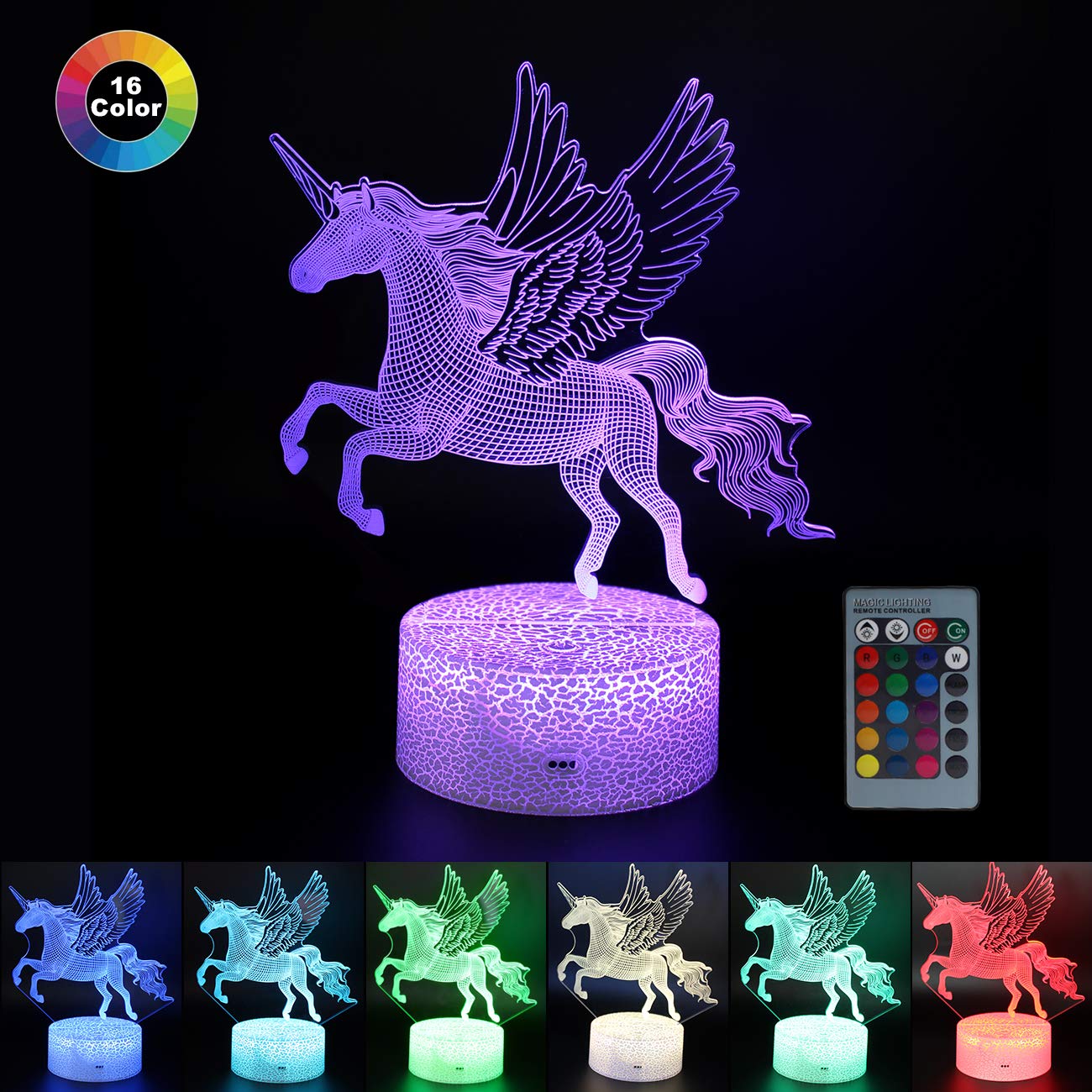 3D Unicorn Led Night Lights 16 Changing Color Illusion Lamps with Remote Controller for Kids Bedroom Decor Xmas Birthday Party Gifts MY-72
