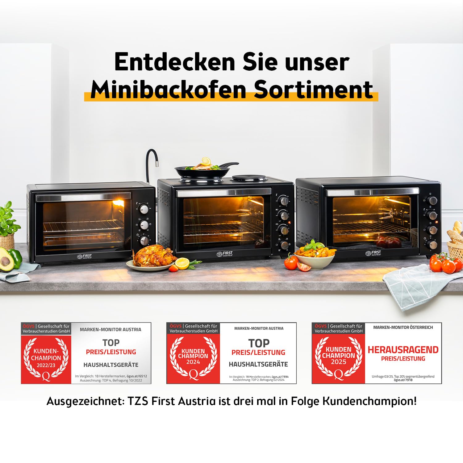 TZS First Austria - Minibackofen mit Kochplatten 45L 3200 W - Mini Backofen Pizzaofen mit Herdplatten bis 230°C & Antihaftbeschichtung - Miniofen Kombigerät mit 4 Einschubhöhen & hochwertigem Zubehör