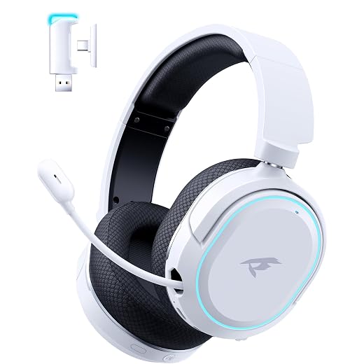 Wireless Gaming Headset, 7.1 Surround Sound, 2.4GHz USB Gaming Headphones with Bluetooth 5.4, 100H Battery, ENC Noise Canceling Mic, RGB Light, Wireless Headset for PC PS5 PS4 Mac Switch (Black-White)