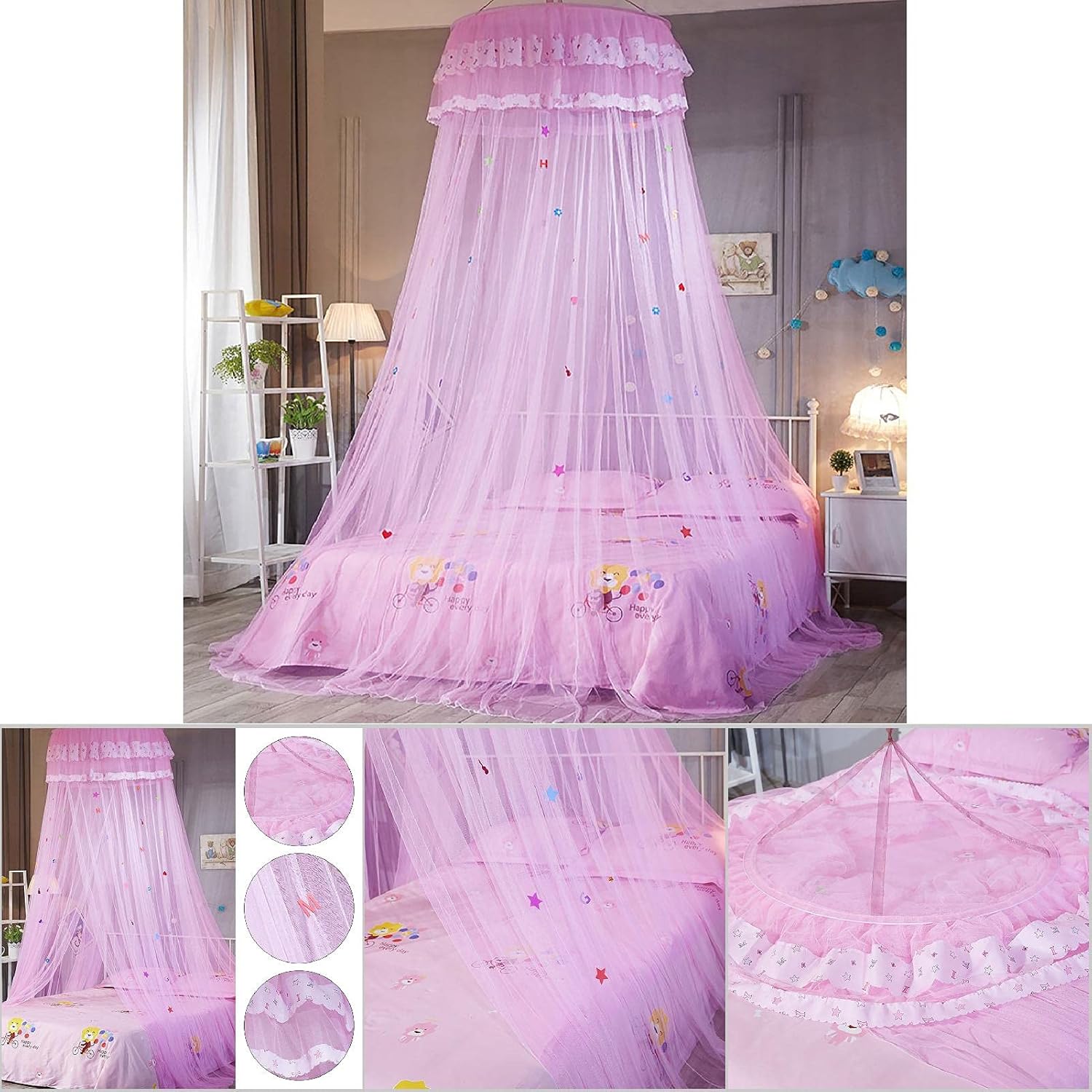 Fdit Children Bed Net Princess Bed Canopy for Girls Bed Canopy Curtain Lace Bed Netting Mesh Canopy Round Dome Bedding Foldable No Punching （White）()