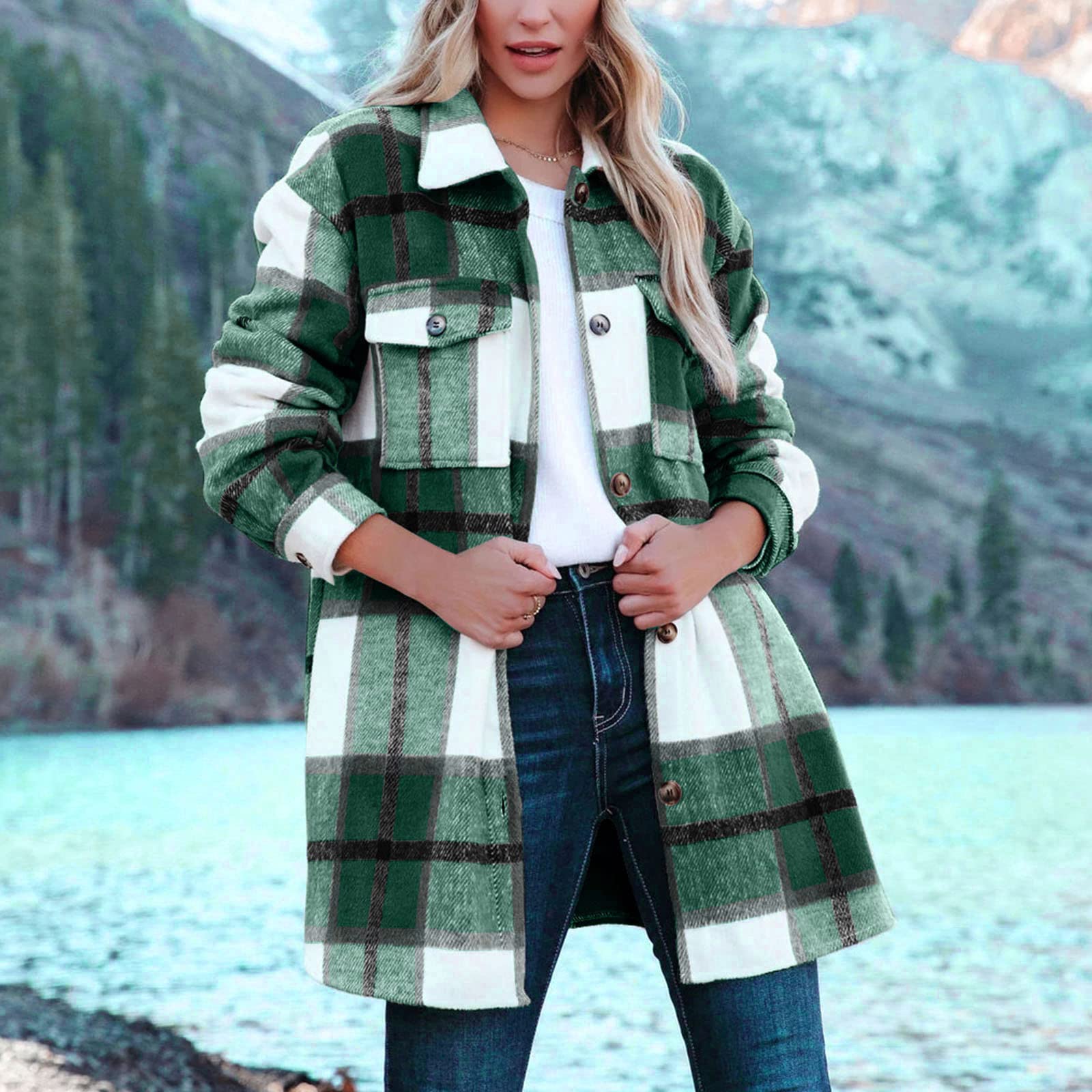 Flanellhemd Damen Kariert, Hemdjacke Damen Gefüttert Mit Taschen Shacket Mantel Casual Übergangsjacke Revers Freizeitjacke Knöpfe Blazermantel Elegant Wolljacke Windbreaker Trachtenhemd