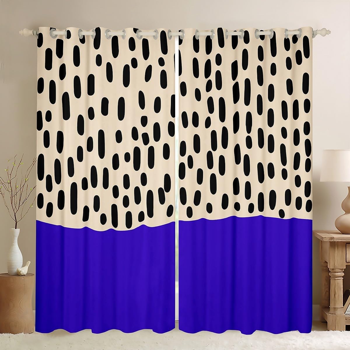 Erosebridal Modern Abstract 30%-50% Blackout Curtains, Dark Blue Beige Window Curtains 2 Panel Sets 42" W x 84" L, Boho Polka Dots Design Window Treatments Drapes, Minimalist Geometric Pattern Decor
