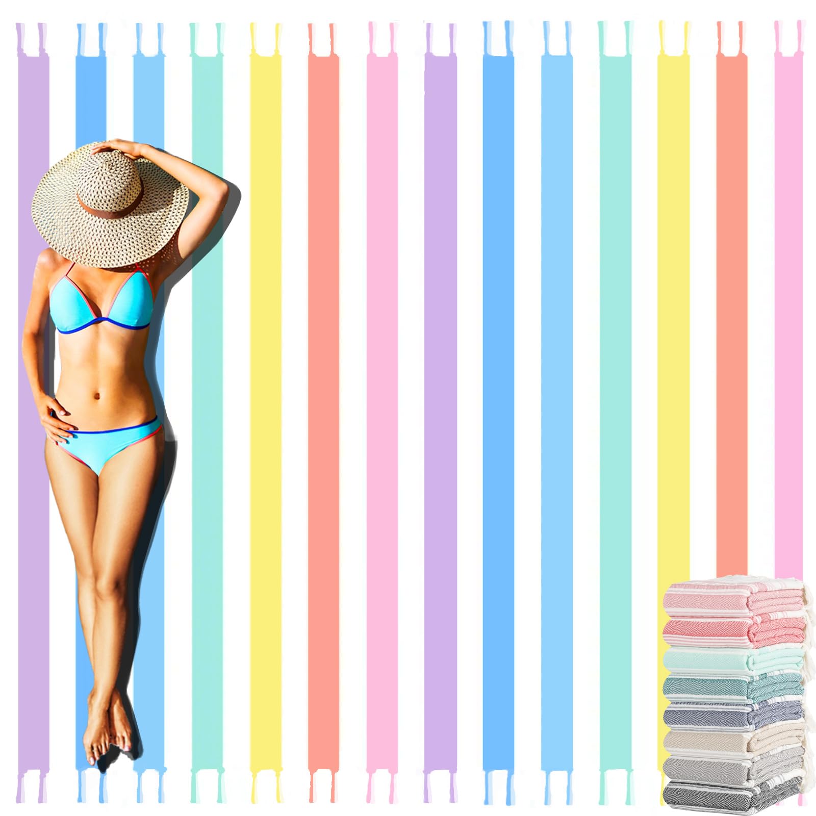Yongoes Turkish Beach Towel Blanket Oversized 81x91 Colorful Striped