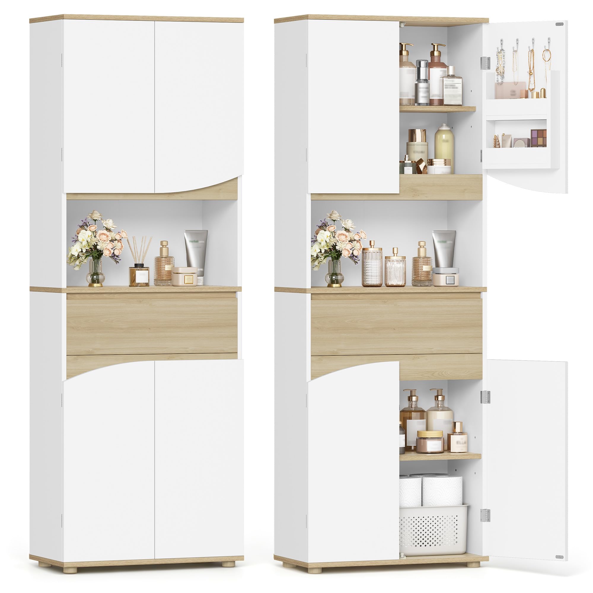 Armario de Baño, Columna Alto, 60 x 30 x 170 cm, Blanco y Roble | Mueble Baño, Armario de Almacenamiento, Estantes Ajustables, para Baño, Cocina, Salón, FFBC031PWN1