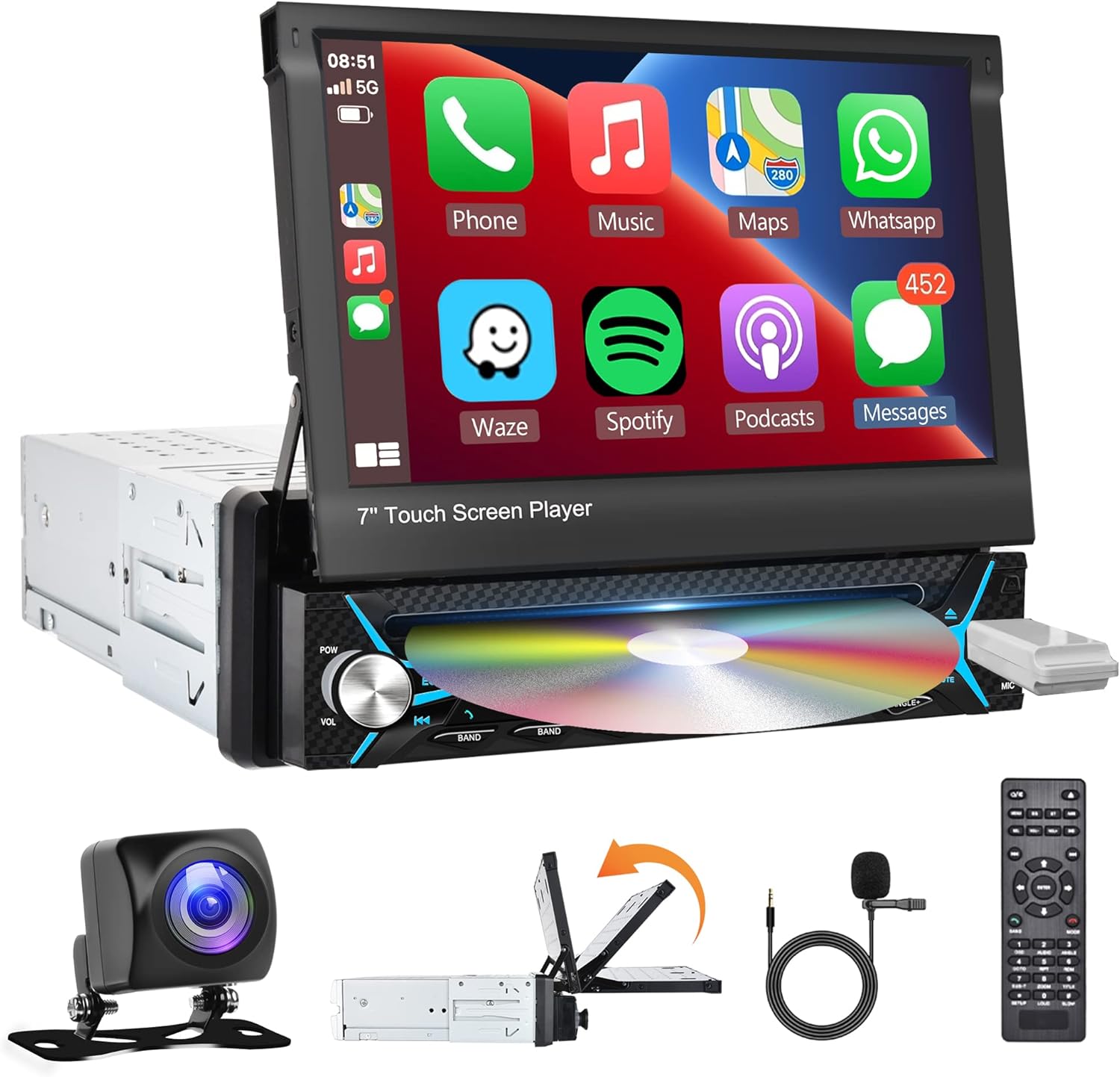 7Inch Carplay Single Din Car Stereo with Android Auto, DVD