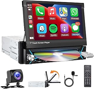 7-Inch Carplay Single Din Car Stereo with Android Auto, DVD/CD Player Car Radio Support Bluetooth, Motorized Flip Out Screen Radio with FM/AM/RDS, Mirror Link, Backup Camera, Back Light, AUX in, USB