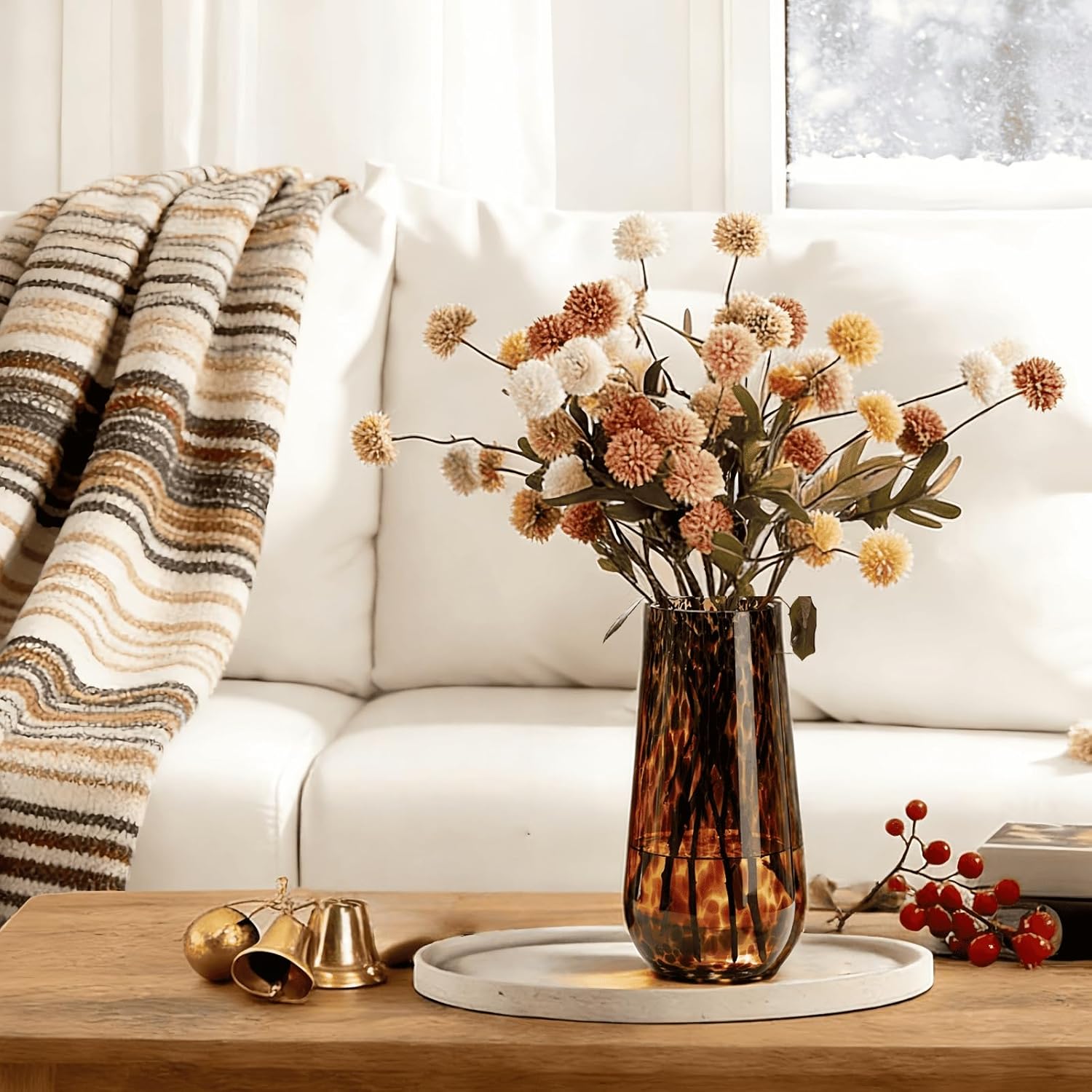 Large Leopard Amber Glass Vase, Luxe 11.8” Brown Decorative Centerpiece, Translucent Vintage Tortoise Shell Vase for Pampas Grass, Boho Modern Farmhouse Home Decor