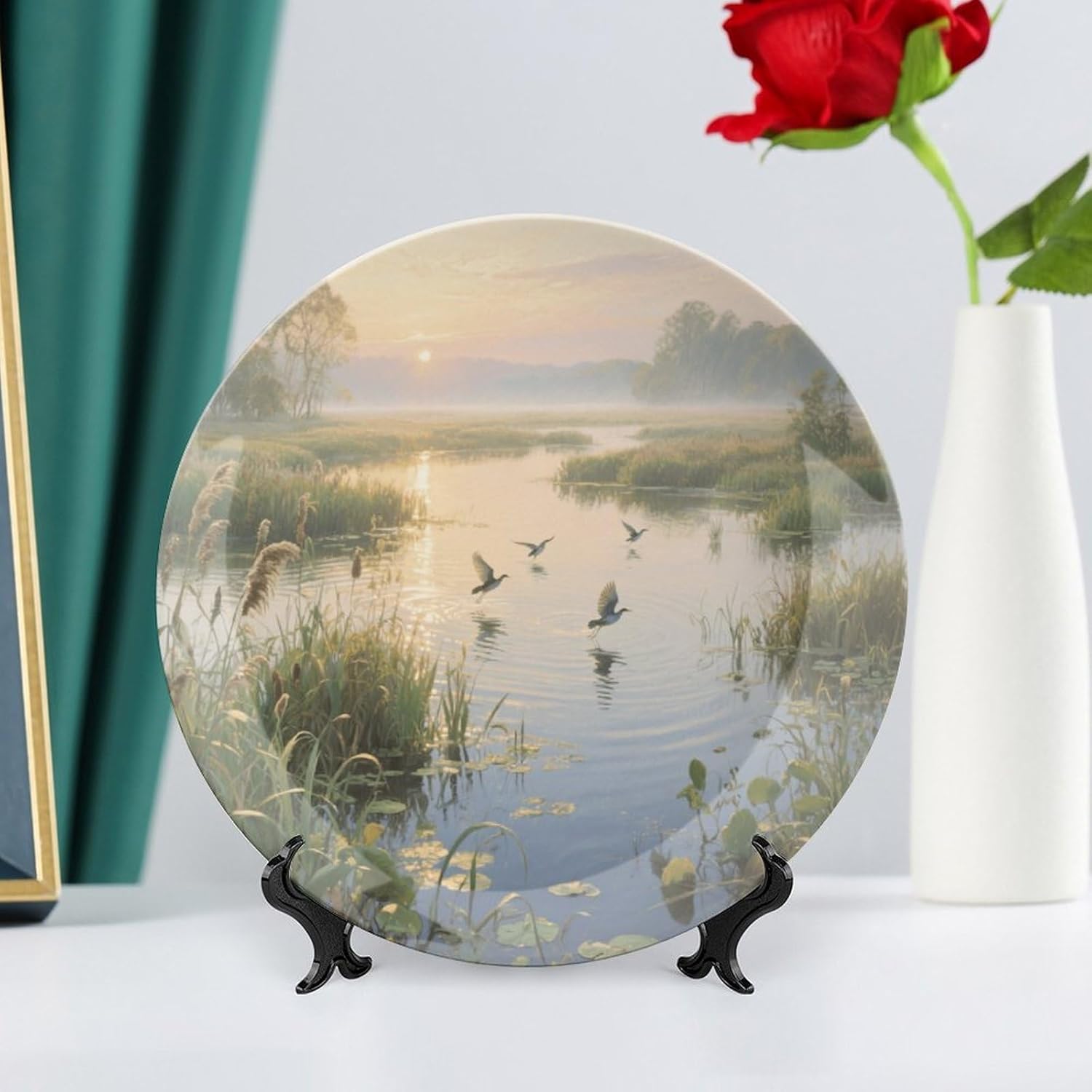 Bone China Decorative Plates Marsh Wetlands at Dawn Ceramic Decorative Plate Wall Decor with Display Stand Ceramic Ornaments for Wall Hanging Decoration