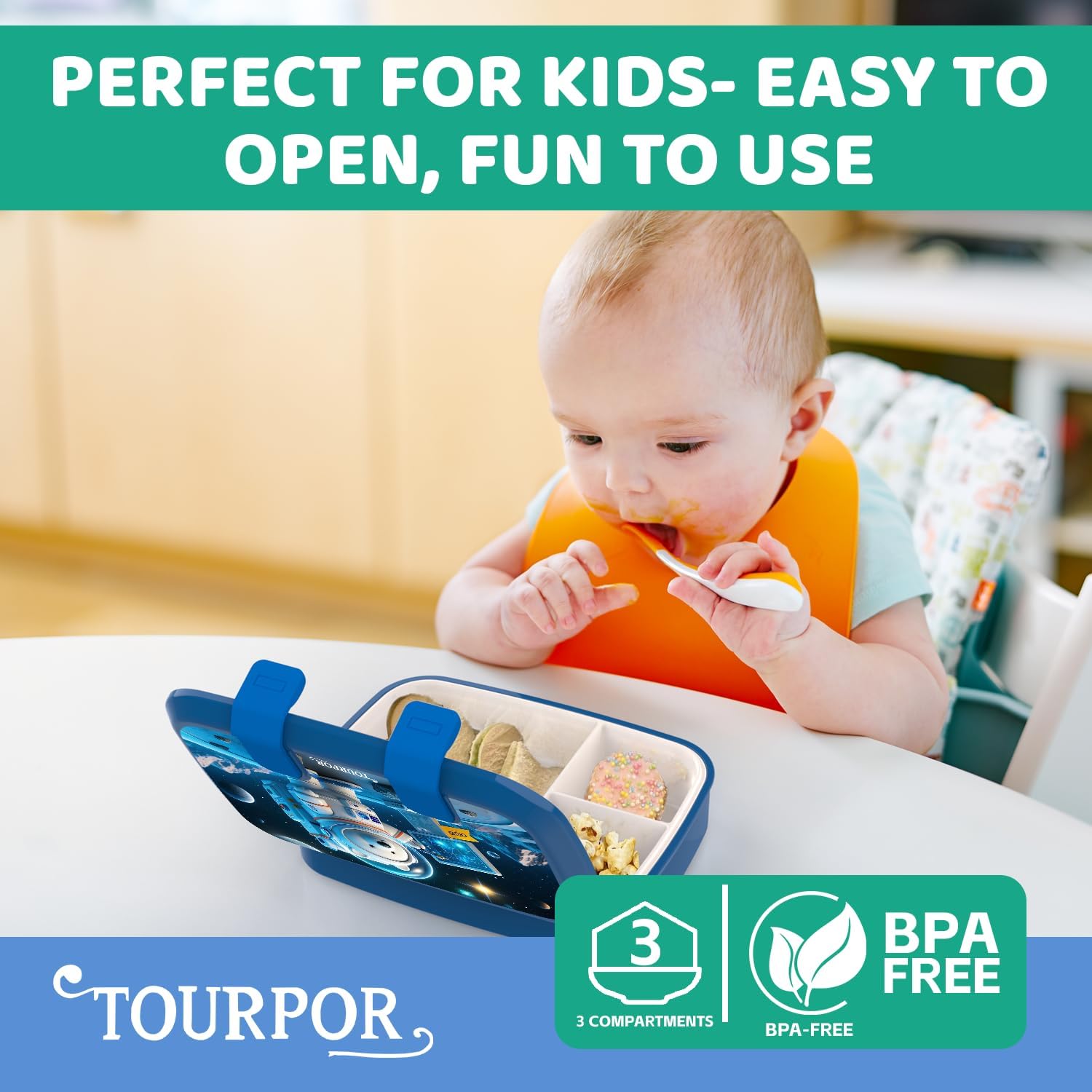 Lunch Box for Kids 800ml, 3-Compartment Bento Box with Leakproof Compartments, BPA-Free Microwave & Freezer Safe, Dishwasher Friendly Food Container (Astronaut)
