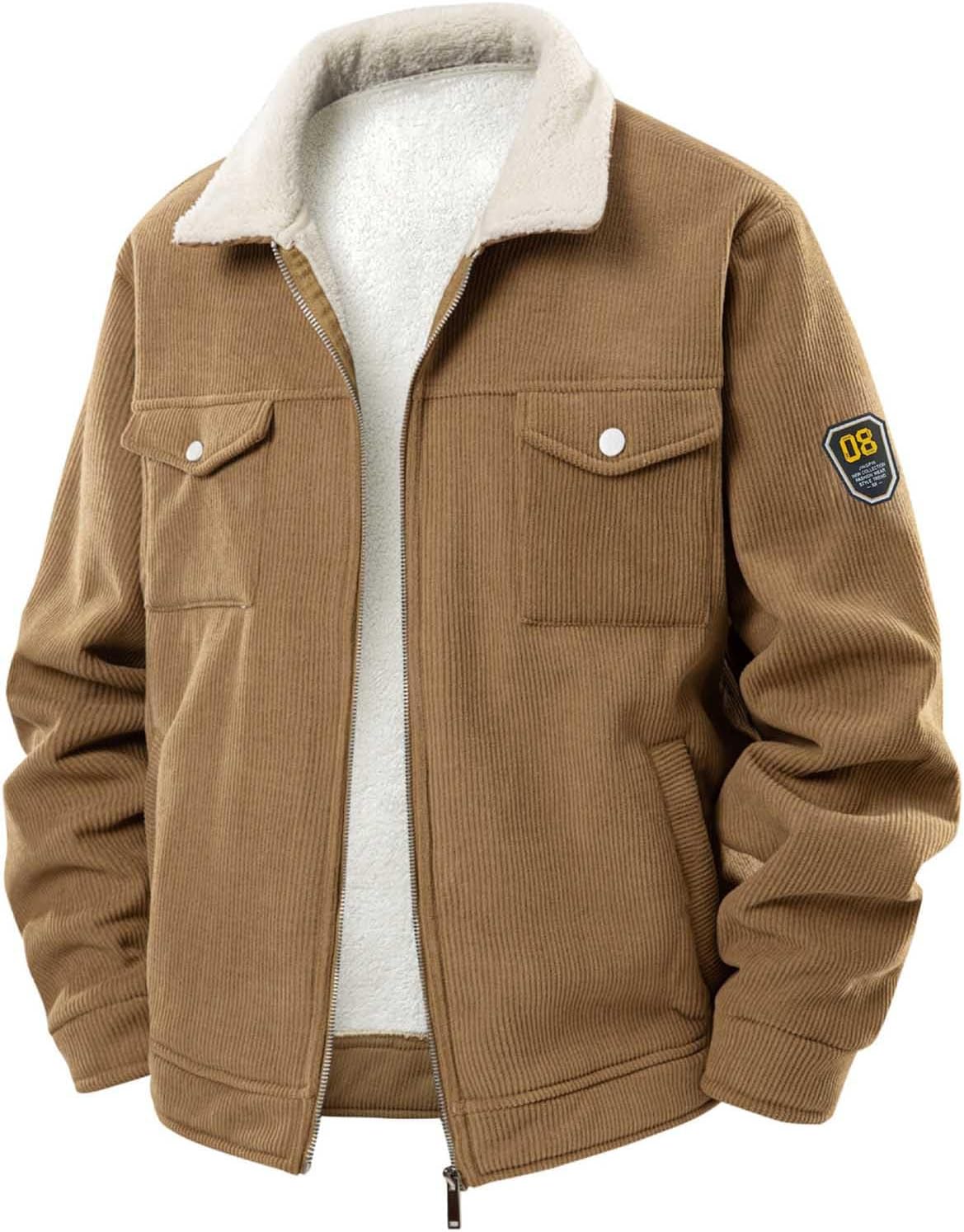 Cambkatl Sherpa Jackets for Men Full Zip Casual Stylish Lapel Outerwear Outdoor Fleece Sports Coat with Pockets